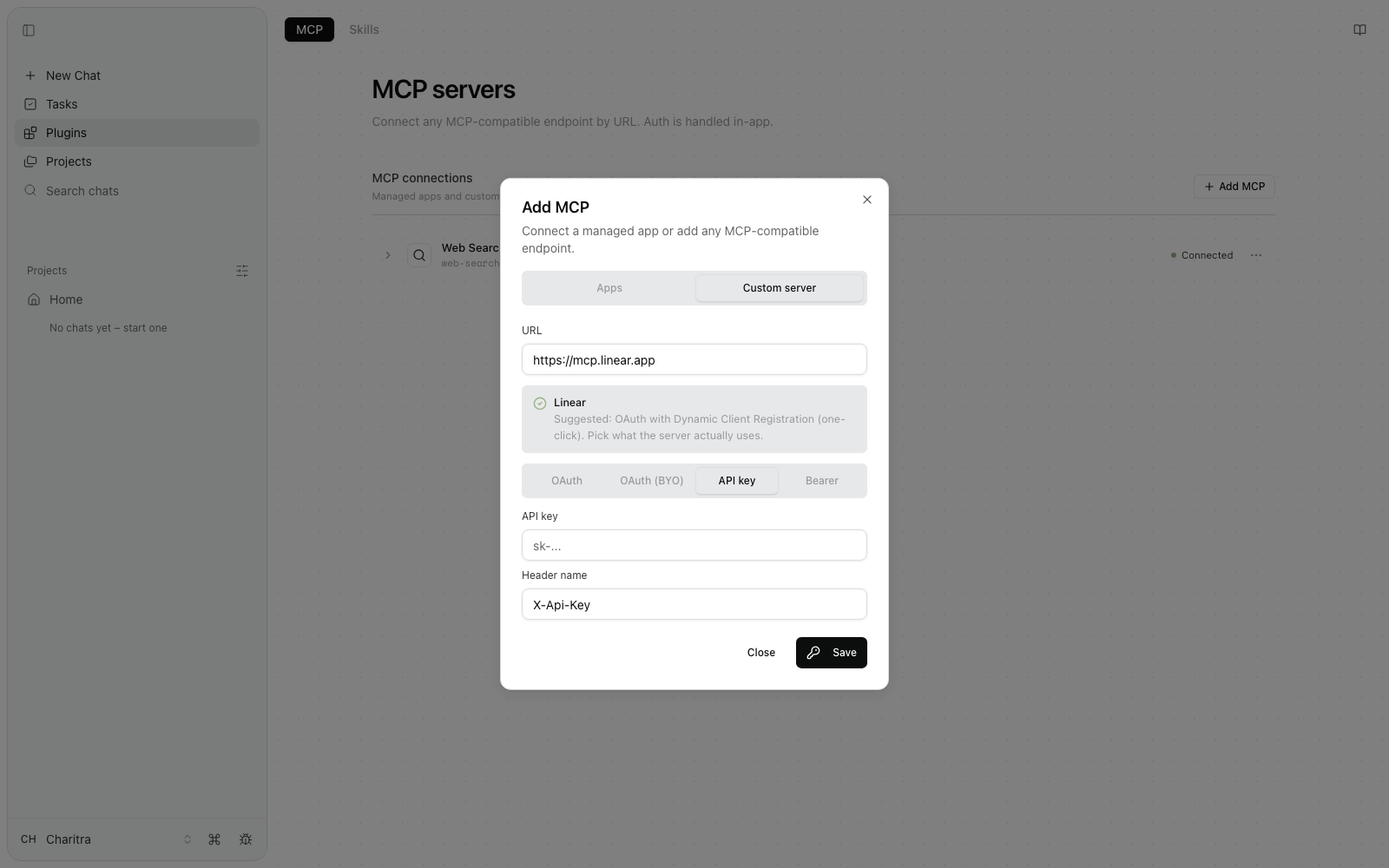 The Add MCP dialog after probing mcp.linear.app: a suggestion banner reading 'Linear — Suggested: OAuth with Dynamic Client Registration (one-click). Pick what the server actually uses', tabs OAuth, OAuth (BYO), API key, and Bearer, with the API key tab open showing API key and Header name fields.