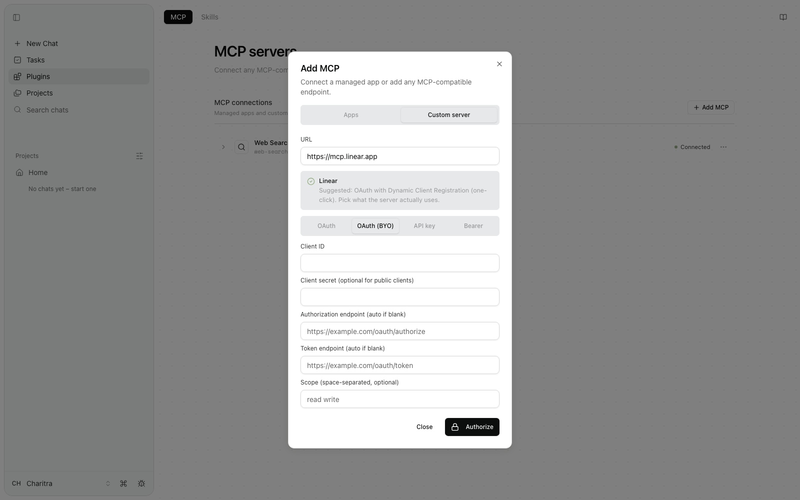 The OAuth (BYO) tab: fields for Client ID, Client secret (optional for public clients), Authorization endpoint (auto if blank), Token endpoint (auto if blank), and Scope (space-separated, optional), with an Authorize button.
