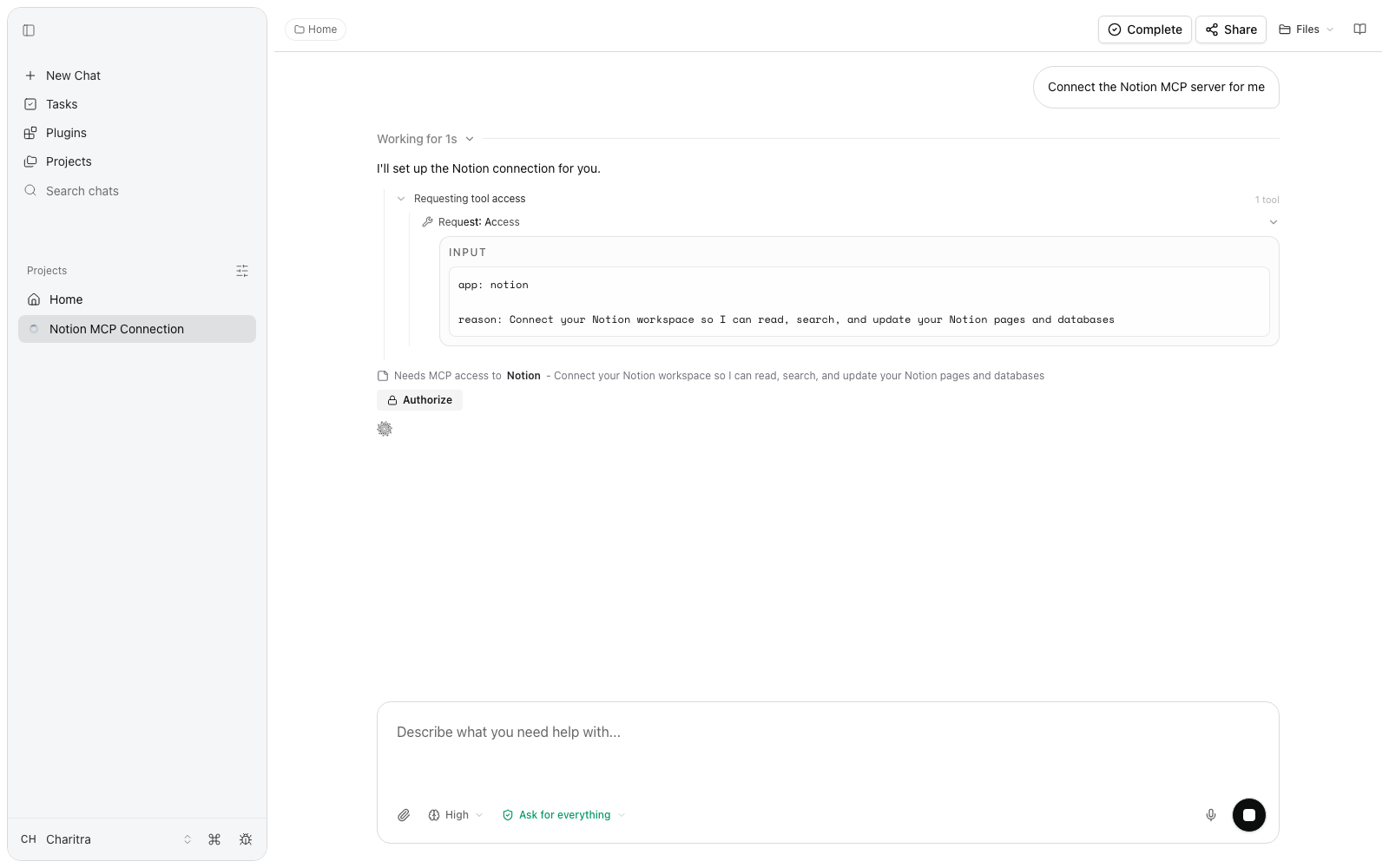 A chat where the user asked to connect Notion. Fluso replies with a tool-access request card reading 'Needs MCP access to Notion — Connect your Notion workspace so I can read, search, and update your Notion pages and databases', with an Authorize button.