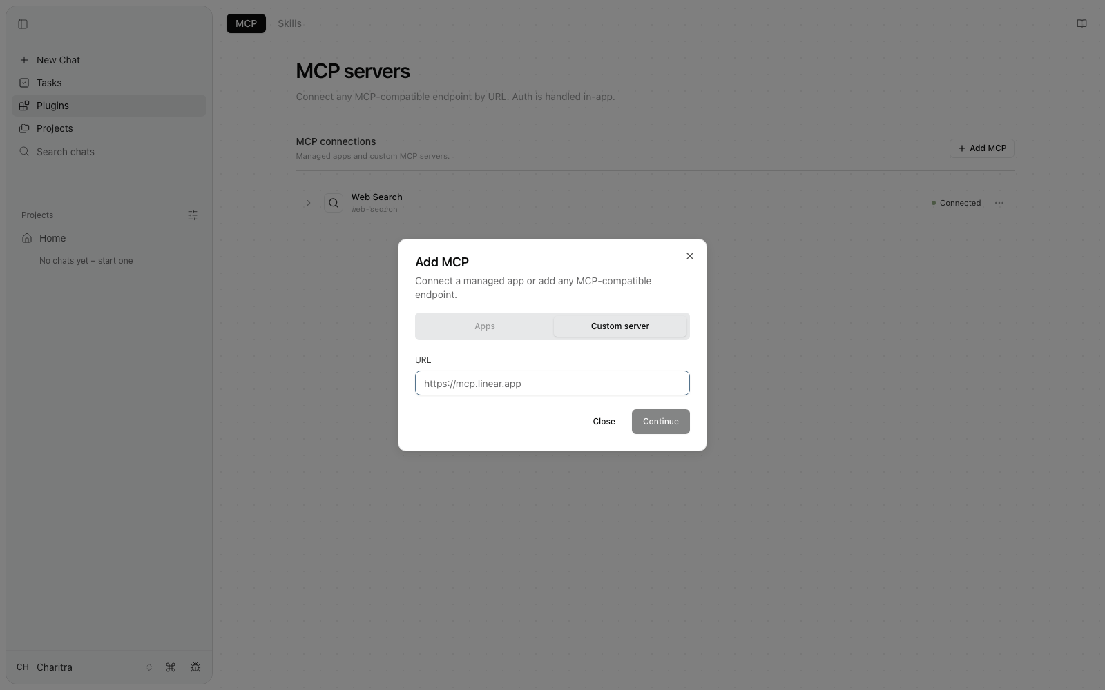 The Add MCP dialog on the Custom server tab, with a single URL field showing the placeholder https://mcp.linear.app.