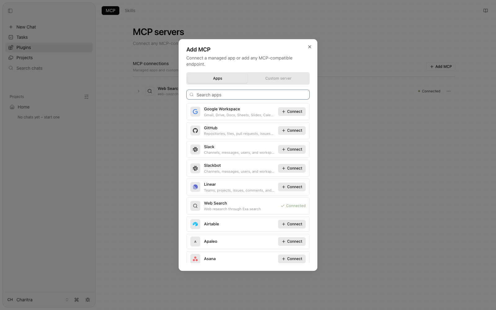 The Add MCP dialog on the Apps tab: a search field and a catalog listing Google Workspace, GitHub, Slack, Slackbot, Linear, Web Search (connected), Airtable, Asana, and more, each with a Connect button.