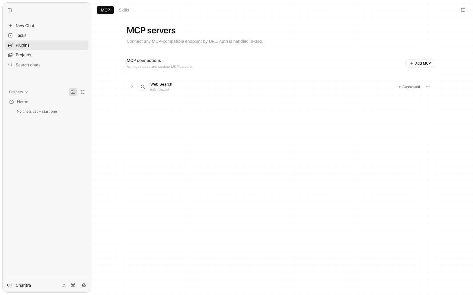 The MCP servers page: sidebar item Plugins, tabs MCP and Skills, a section 'MCP connections — Managed apps and custom MCP servers' with an Add MCP button, and one connected row, Web Search.