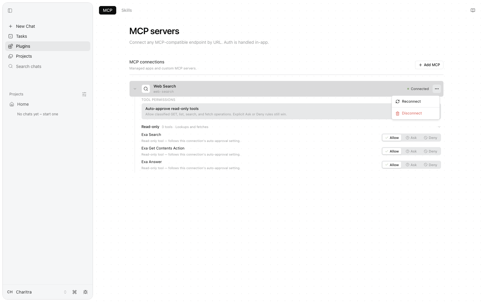 The row action menu open on the Web Search connection, with two options: Reconnect and Disconnect (red).