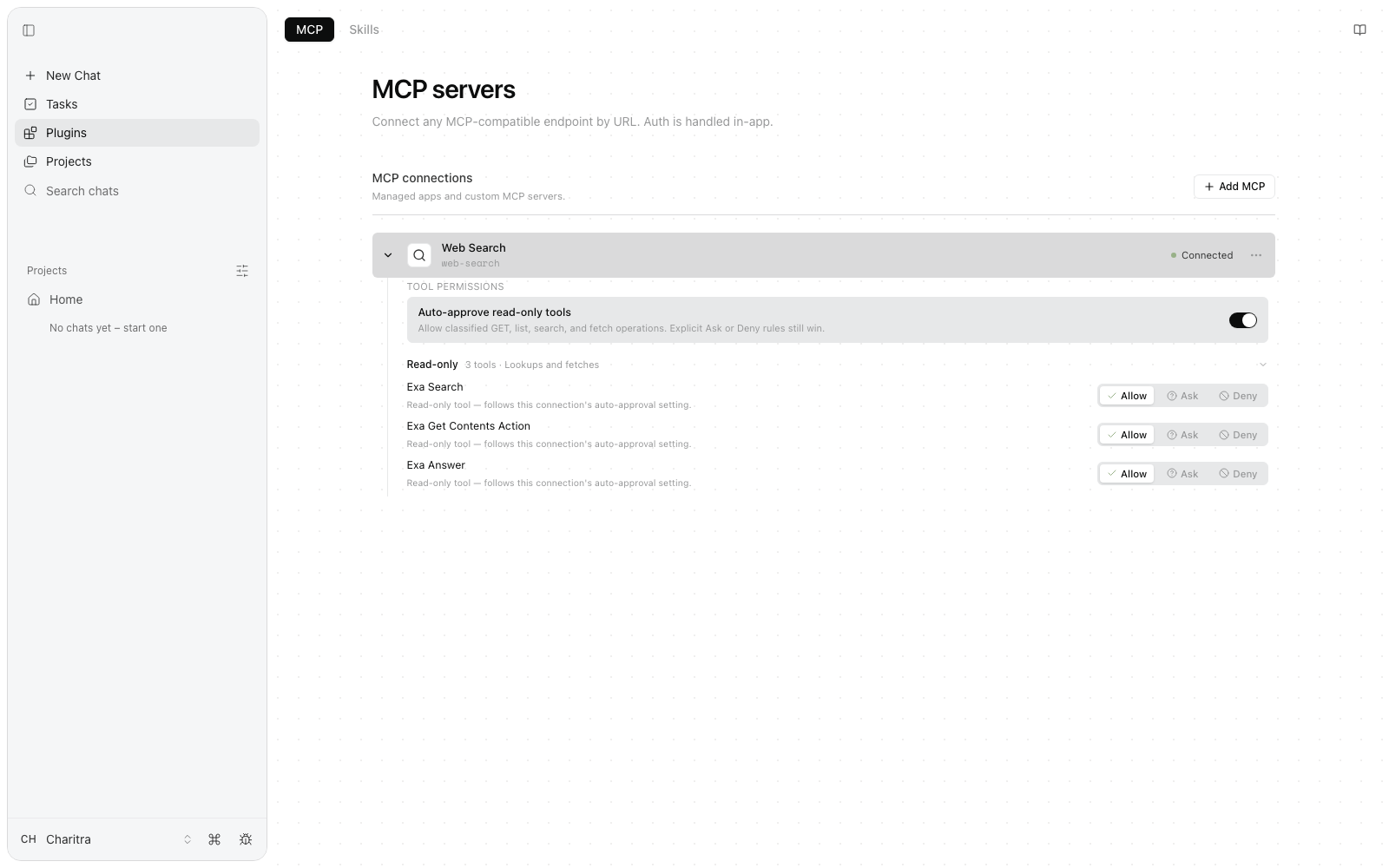 The Web Search row expanded: a Tool permissions section with an 'Auto-approve read-only tools' toggle, and three read-only tools (Exa Search, Exa Get Contents Action, Exa Answer), each with Allow, Ask, and Deny buttons.
