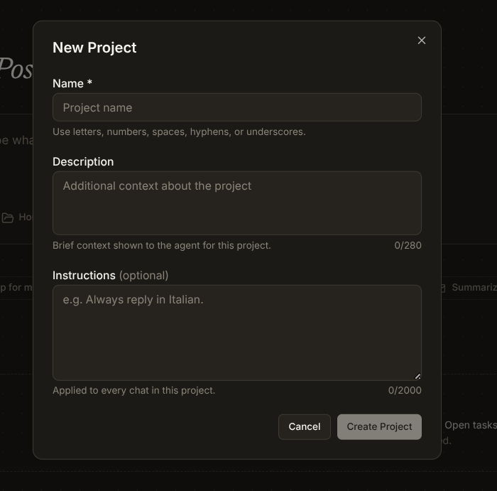 New Project dialog with three fields: Name (required, with placeholder 'Project name' and helper text 'Use letters, numbers, spaces, hyphens, or underscores.'), Description (optional, 'Additional context about the project', up to 280 characters), and Instructions (optional, placeholder 'e.g. Always reply in Italian.', up to 2000 characters, with helper text 'Applied to every chat in this project.'). Cancel and Create Project buttons at the bottom right.
